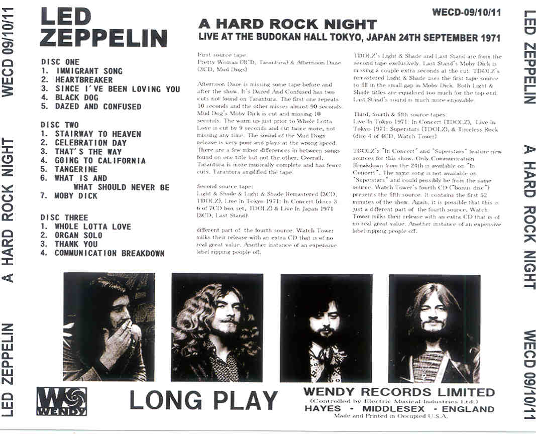 Led Zeppelin - A Hard Rock Night ( 3 cd set ) ( Wendy ) (Budokan , Tokyo , Japan , September 24th , 1971 )