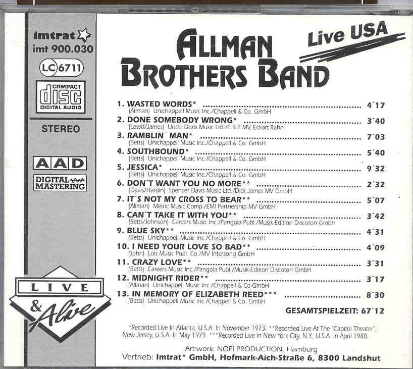 Allman Brothers Band - Live USA ( Atlanta , GA , 1973 , New Jersey , NJ , 1979 )