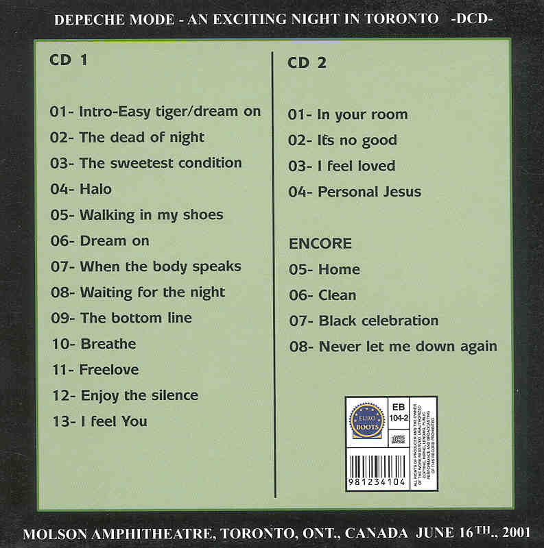 Depeche Mode - An Exciting Night In Toronto ( 2 CD set )( Molson Amphitheatre , Toronto , Ontario , Canada , June 16th , 2001 )