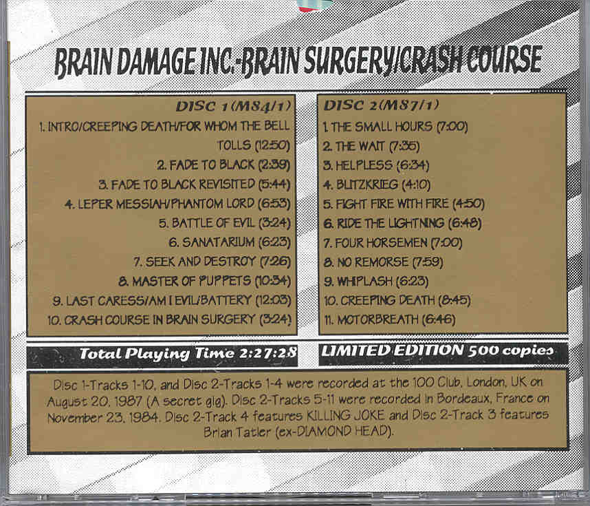 Metallica - Brain Damage Inc.( 2 CD SET ) ( Secret Gig in London , UK , Aug 20th , 1987 Plus Bonustracks France '84 )