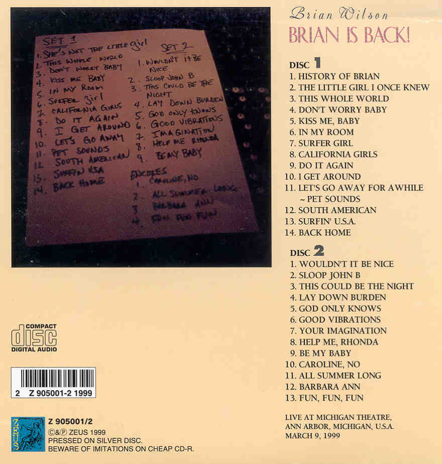 The Beach Boys - Brian Is Back ( 2 CD set ) ( First Solo Concert USA '99 , Ann Harbor , Michigan , March 9th , 1999 )