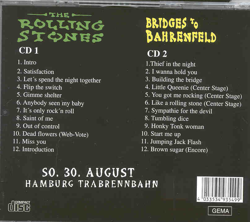 Rolling Stones - Bridges to Bahrenfeld ( Hamburg , Germany , Aug. 30th , 1998 ) ( 2 CD!!!!! SET )