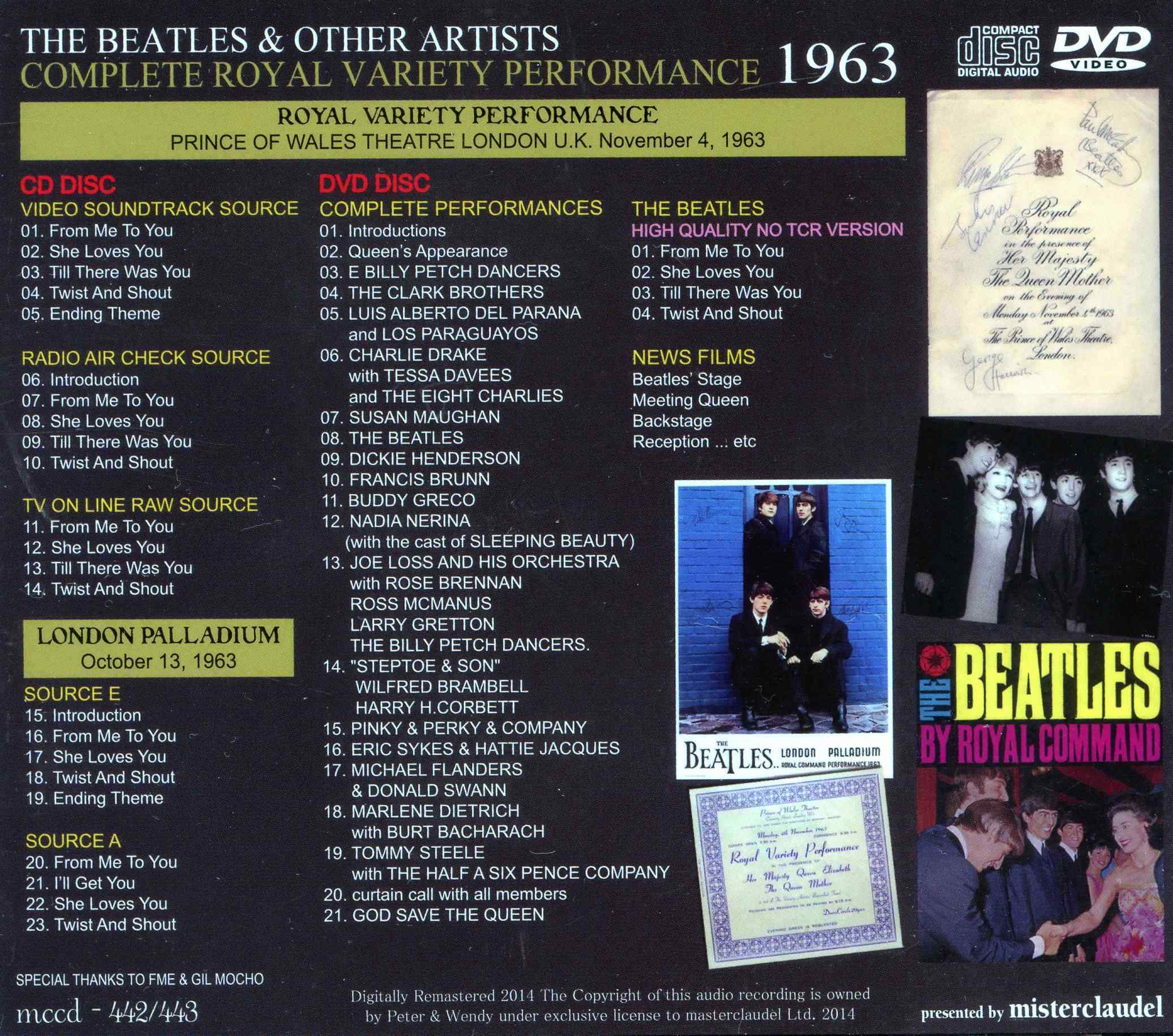 The Beatles - Complete Royal Variety Performance 1963 ( 1 CD - 1 DVD )( Misterclaudel )( Oct 13th - Nov 4th , 1963 )