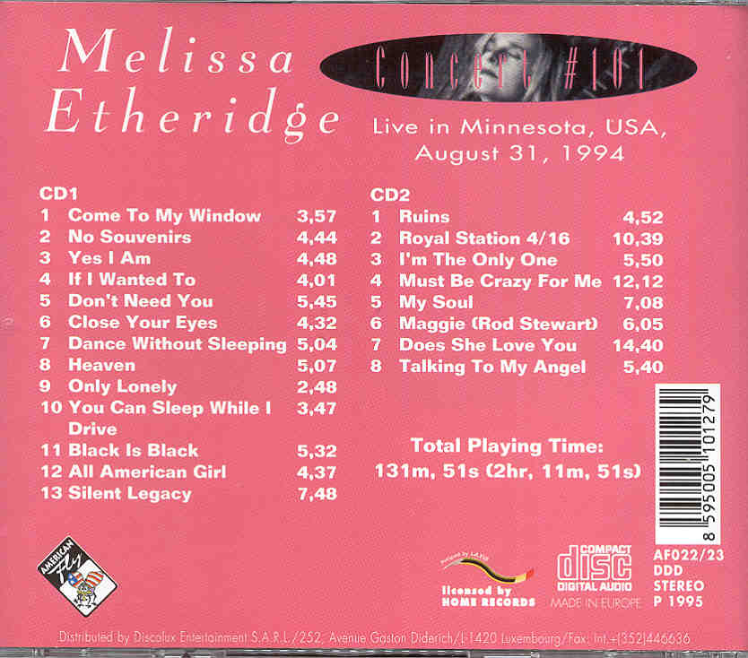 Melissa Etheridge - Concert # 101 ( 2 CD set ) ( Live in Minnesota , USA , August 31st , 1994 )