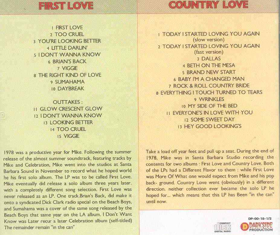 The Beach Boys - Mike Love : Country Love / First Love ( 2 CD SET ) ( 2 original albums on cd )