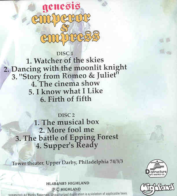 P. Gabriel  /  GENESIS  /  P. Collins - Emperor And Empress ( Highland )( 2 CD SET ) ( Tower Theater , Philadelphia , USA , March 3rd , 1973 )