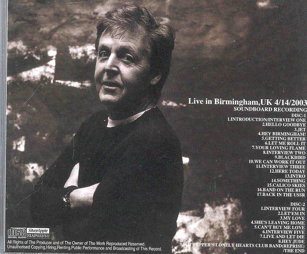 Paul McCartney - Hey Birmingham ( 2 CD set ) ( Birmingham , UK , April 14th , 2003 )
