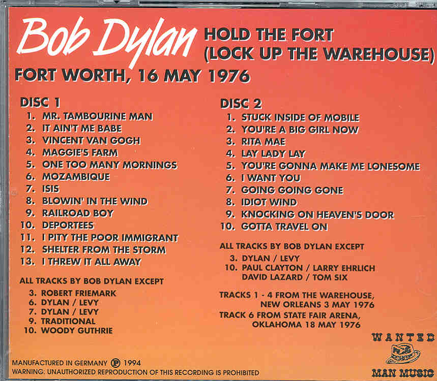 Bob Dylan - Hold The Fort ( 2 CD SET )( Ft. Worth , Texas , USA , May 16th , 1976 )