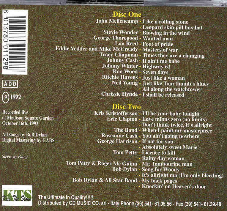 Bob Dylan - In The Garden ( KTS )( 2 CD SET ) ( MSG , New York , October 16th , 1992 Various Artists )