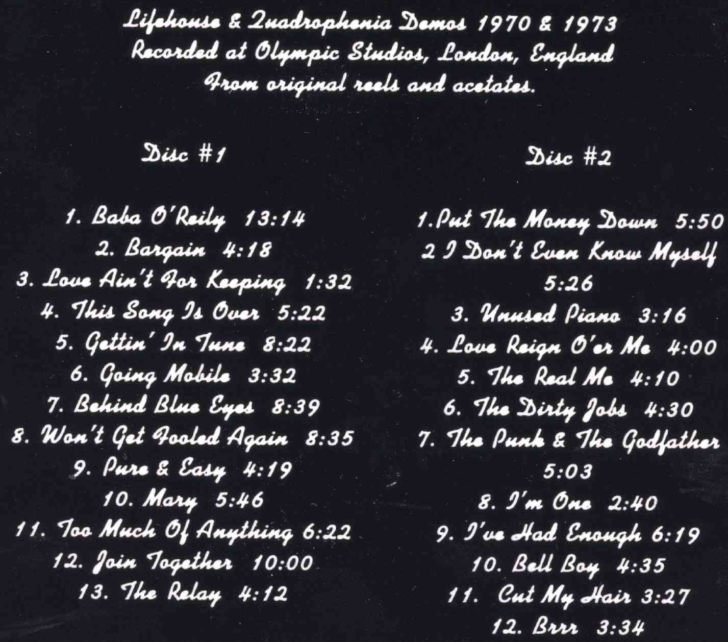 The Who - Lifehouse & Quadrophenia Demos  ( 2 CD!!!!! ) ( Olympic Studios London , UK , 1970 & 1973 )