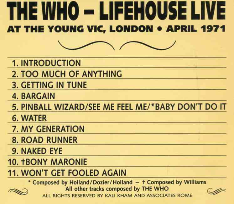 The Who - Lifehouse Live ( 1 CD ) ( Live at The Young Vic , London , UK , April 1971 )