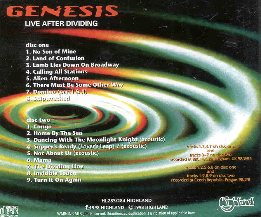 P. Gabriel / GENESIS / P. Collins - Live After Dividing ( Highland )( 2 CD SET ) ( Birmingham , UK & Prague , Czech Republic , Feb 1998 )