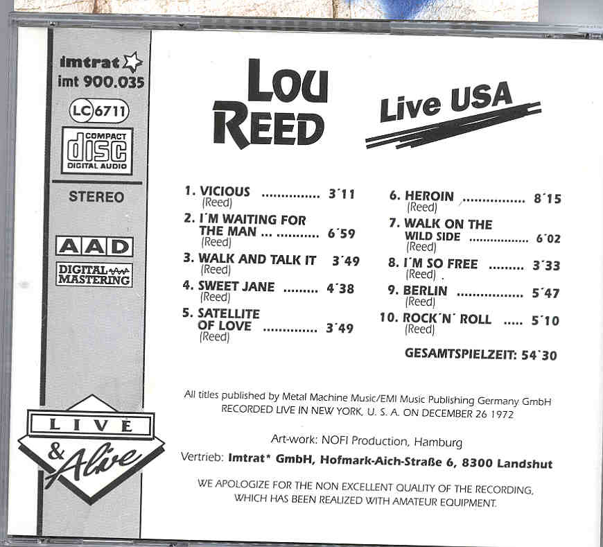 Lou Reed / Velvet Underground - Live In U.S.A. 1972