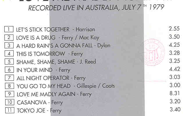 Brian Ferry & Roxy Music - Love Me Madly Again ( Live In Australia , July 7th , 1979 )