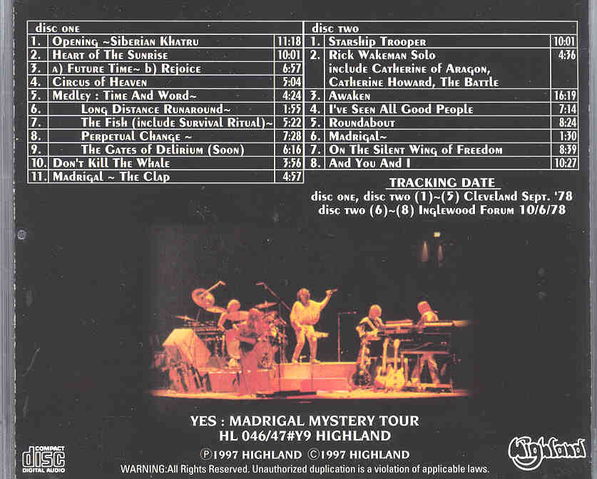 Yes - Madrigal Mystery Tour ( Highland ) ( 2 CD!!!!! SET ) ( Cleveland , Sept '78 + Inglewood Forum 10-6-1978 )