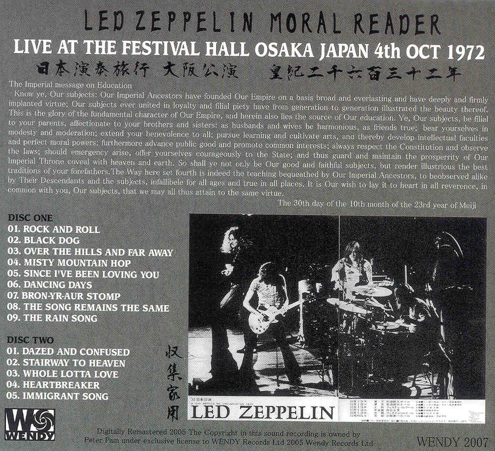 Led Zeppelin - Moral Reader ( 2 CD set ) ( Wendy ) ( Festival Hall , Osaka , Japan , October 4th , 1972 )