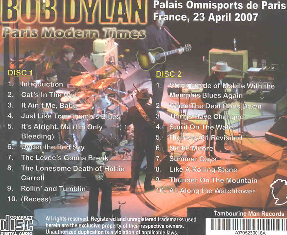 Bob Dylan - Paris Modern Times ( 2 CD set ) ( Palais Omnisports de Paris , Paris , France , April 23rd , 2007 )