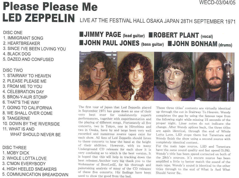 Led Zeppelin - Please Please Me ( 3 cd set ) ( Wendy ) ( Festival Hall , Osaka , Japan , September 28th , 1971 )