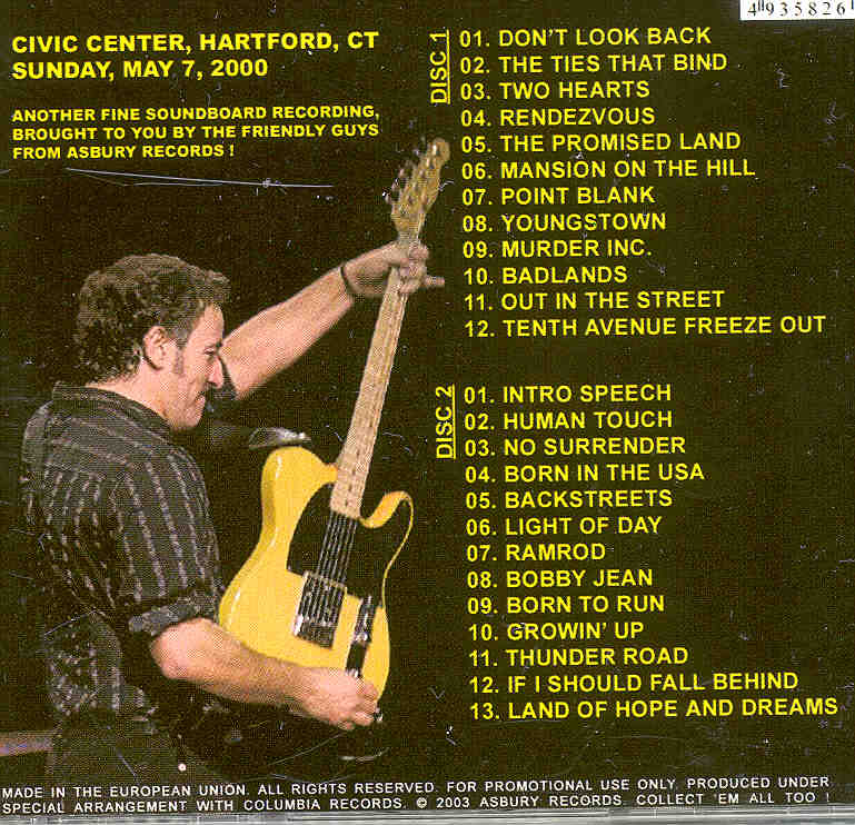 Bruce Springsteen - Rendezvous In Hartford ( 2 CD set ) ( Civic Center , Hartford , CT , May 7th , 2000 )