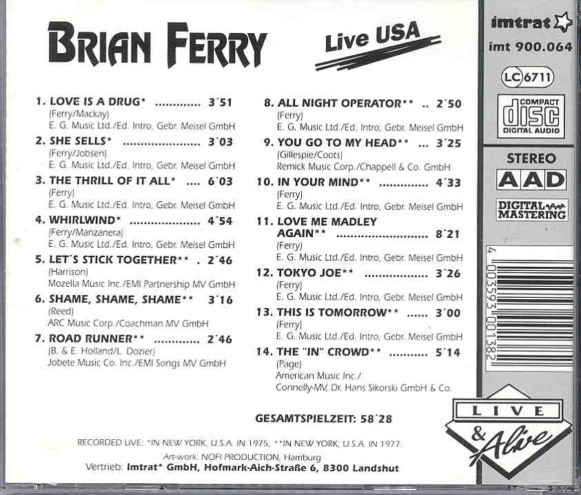 Brian Ferry & Roxy Music - Brian Ferry Live In The USA ( New York Concerts 1975 & 1977 )