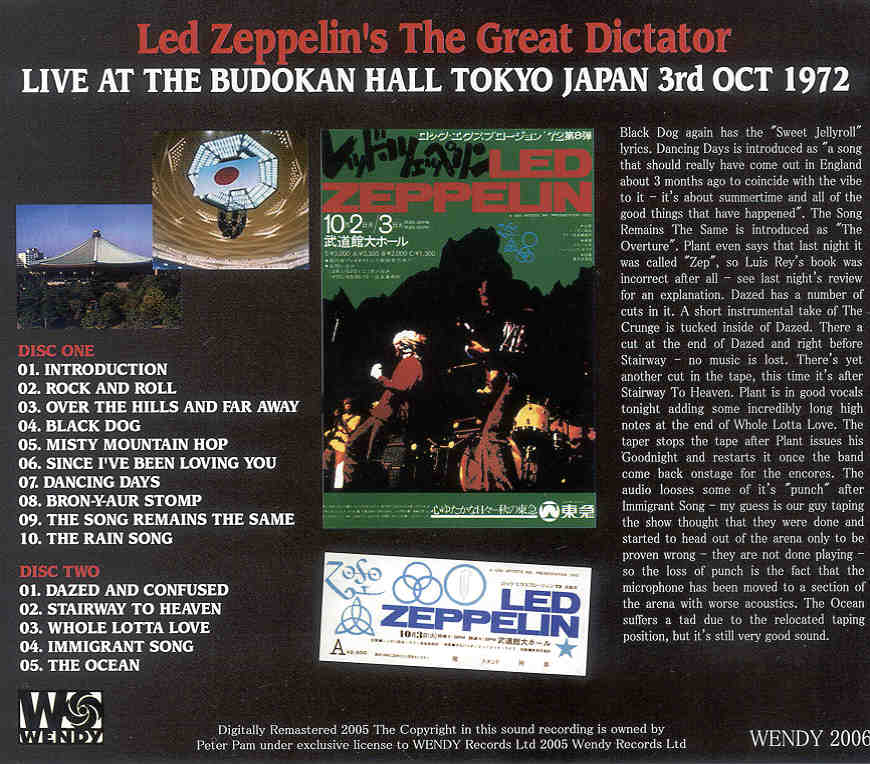 Led Zeppelin - The Great Dictator ( 2 CD set )( Wendy ) ( Budokan Hall , Tokyo , Japan , October 3rd , 1972 )