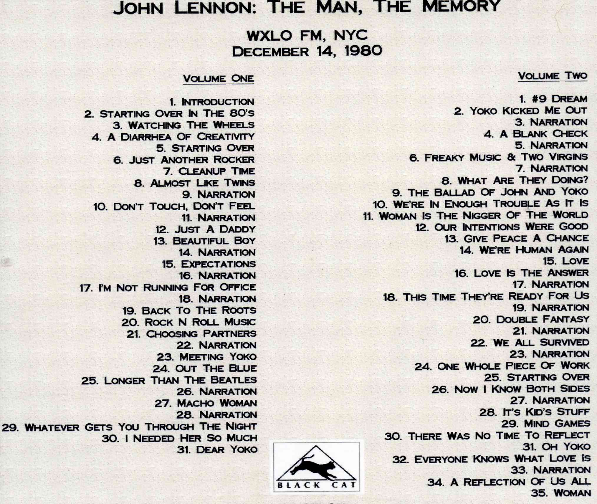 John Lennon - The Man The Memory Vol 1 & 2 ( 2 CD ) ( WXLO FM , New York City , December 14th , 1980 )
