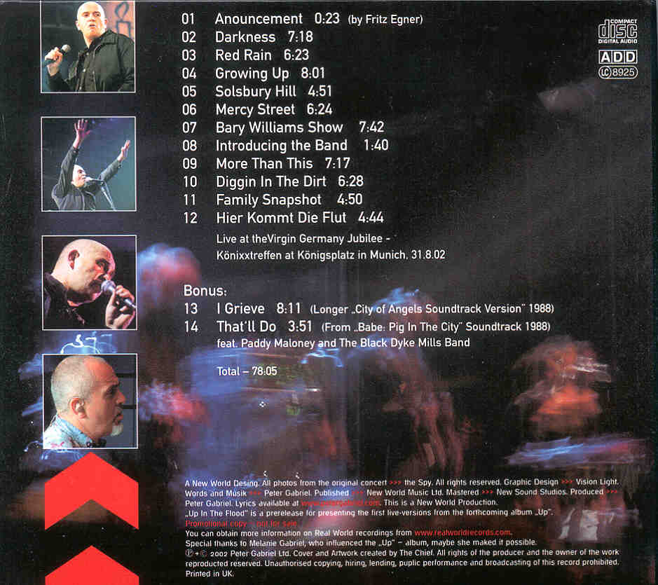 P. Gabriel / GENESIS / P. Collins - Up In The Flood ( Peter Gabriel ) ( Live At The Virgin Germany Jubilee , Konigsplatz , Munich , August 31st , 2002 )