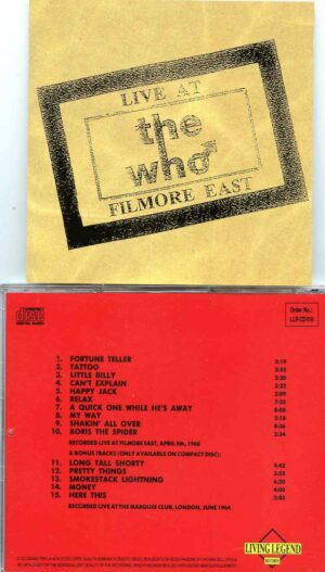 The Who - Live At Fillmore East 1968 ( Living Legend ) ( Alternate Cover ) ( Plus Marquee Club London June 1964 )