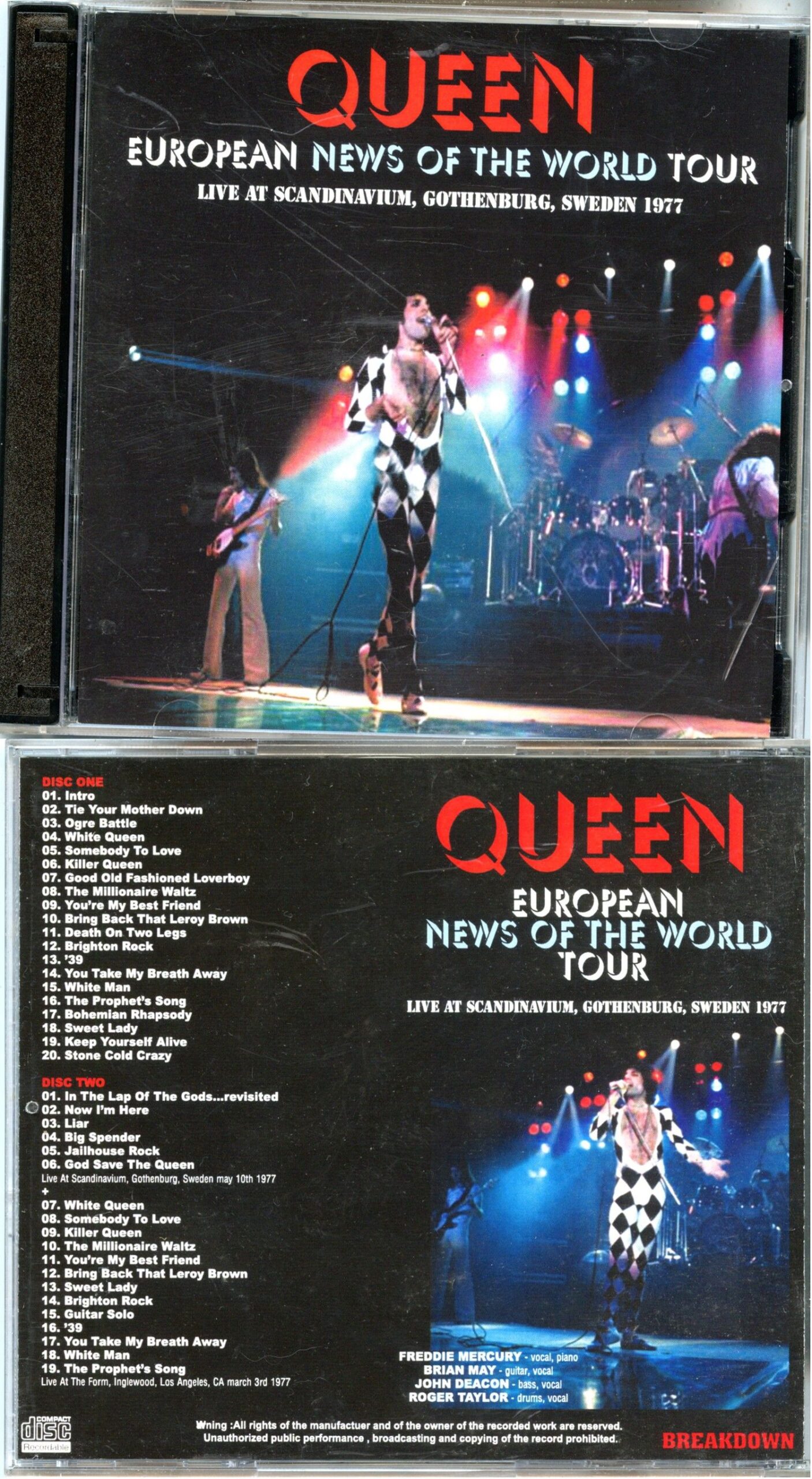 QUEEN - European News Of The World Tour ( 2 CD SET ) ( Breakdown ) ( Scandinavium, Gothemburg, Sweden, May 10th, 1977 plus Bonustracks Live in L.A. )