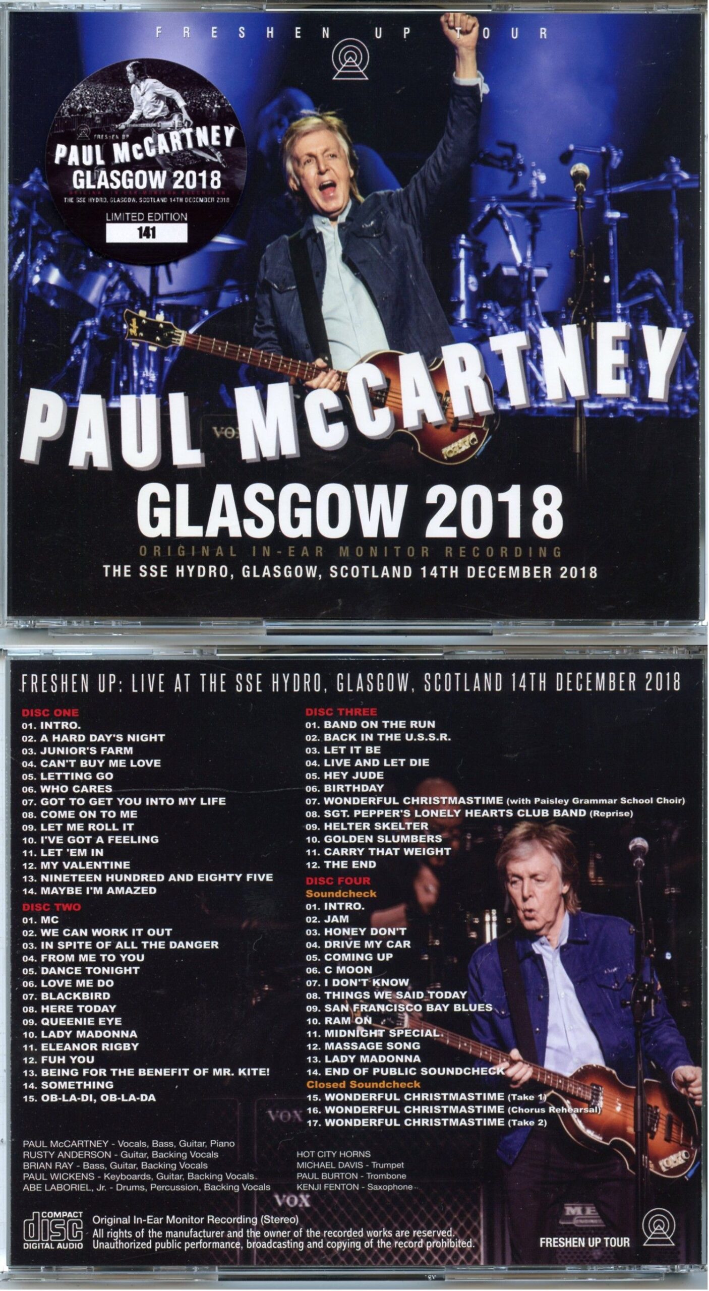 Paul McCartney - Glasgow 2018 ( 4 CD SET ) ( The SSE Hydro, Glasgow, Scotland, Dcember 14th, 2018 )
