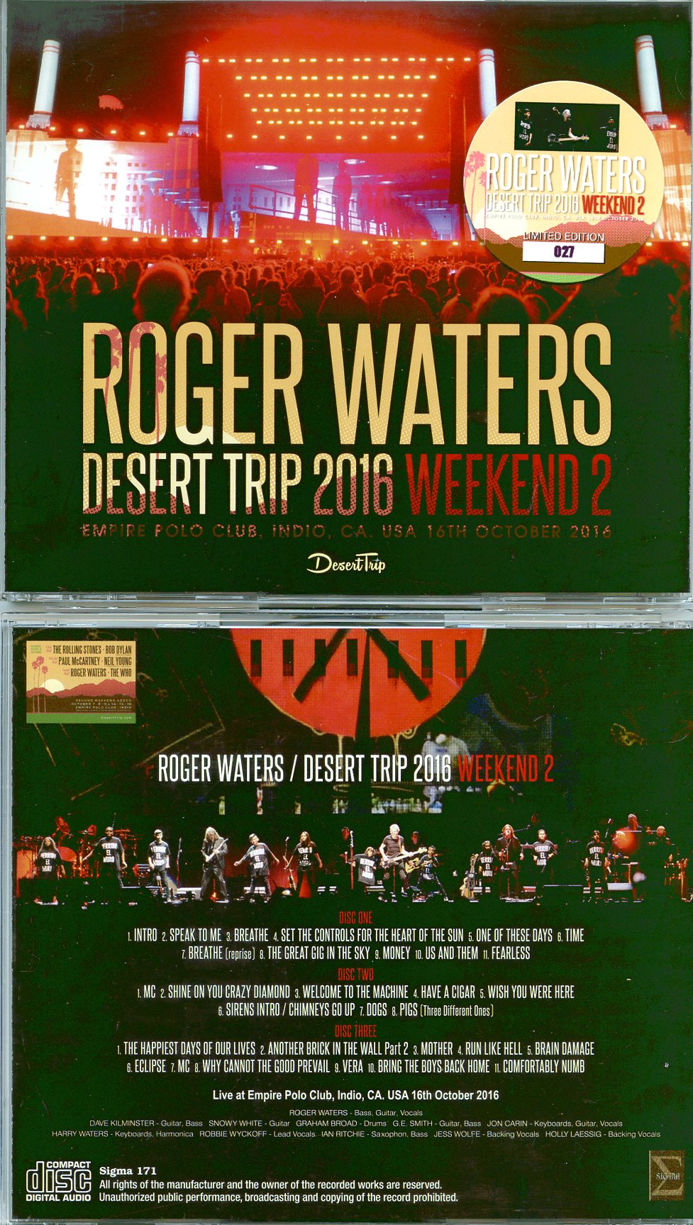 Roger Water - Desert Trip Weekend 2 ( 3 CD SET ) ( SIGMA ) ( Empire Polo Club, Indio, CA, USA, October 16th, 2016 )