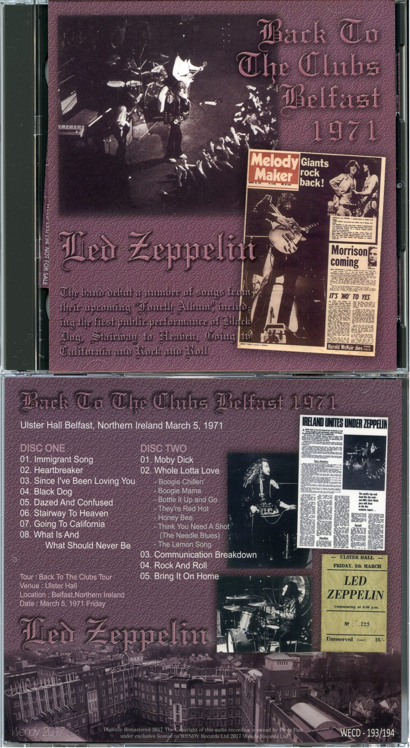 LED ZEPPELIN - Back To The Clubs Belfast 1971 ( 2 CD ) ( WENDY ) ( Ulster Hall Belfast, Northern Ireland, March 5th, 1971 )