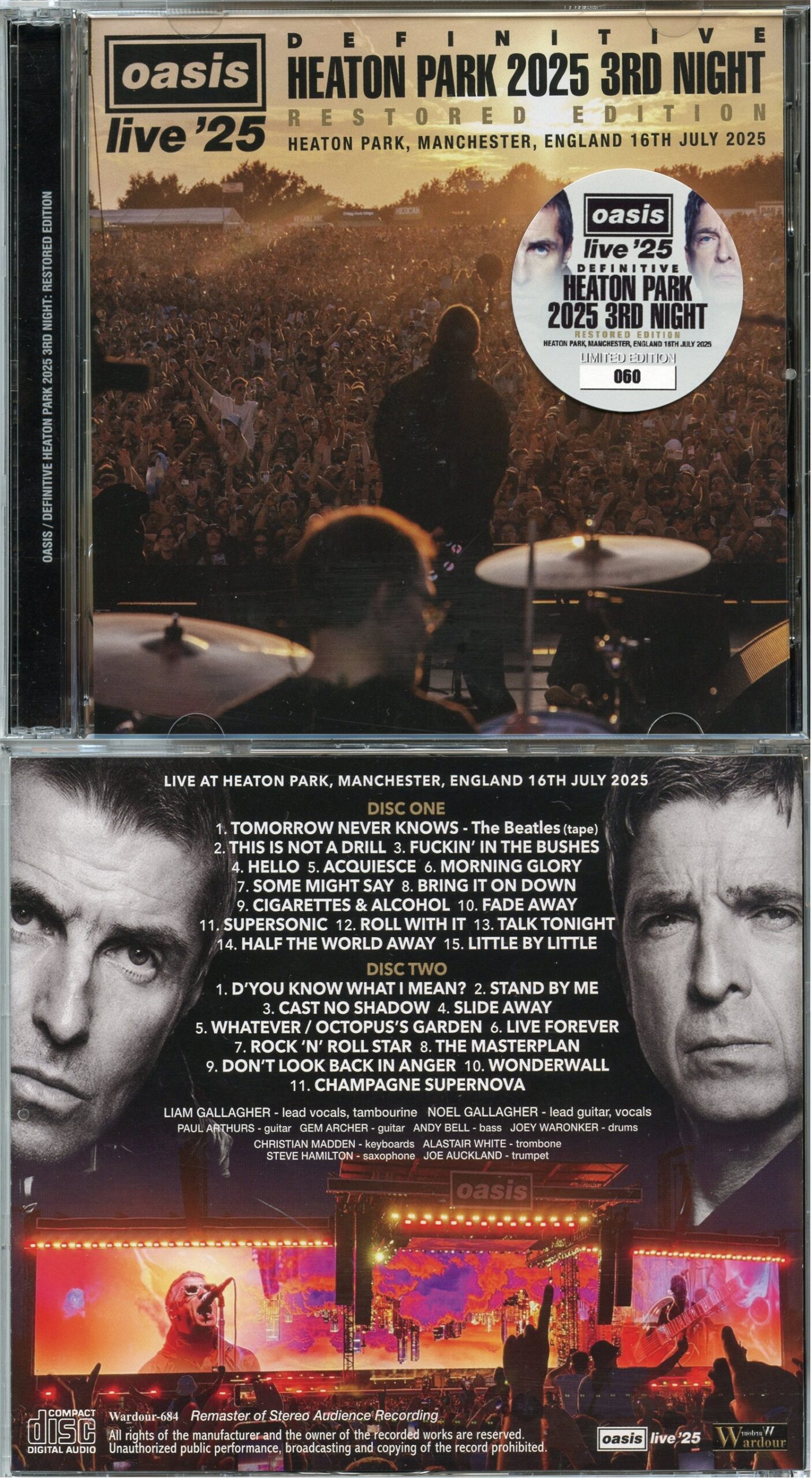 OASIS - Definitive Heaton Park 2025 3rd Night ( 2 CD ) ( Wardour ) ( Heaton Park, Manchester, England, July 16th, 2025 )